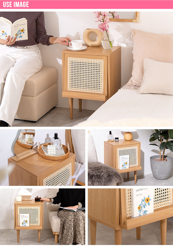 ラタンサイドキャビネット 幅40cm 天然籐×木目調 かごめ編み ラタン サイドテーブル ナイトテーブル 木製 ナチュラル 韓国インテリア かわいい 可愛い おしゃれ 籐家具 ラタン家具(代引不可)