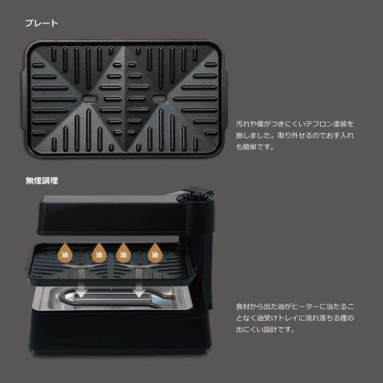 デジタルディスプレイコンパクト無煙調理器 HTG-377 ホットプレート プレート 無煙調理器 タイマー付き 油カット ヘルシー調理 シーズヒーター 加熱調理 卓上 テフロン 焼き肉