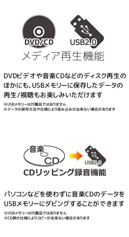 10.1インチ ポータブルDVDプレイヤー Bluetooth搭載 メディア再生機能 CDリッピング録音機能 車載用バッグ付き OT-BD101AK OVER TIME