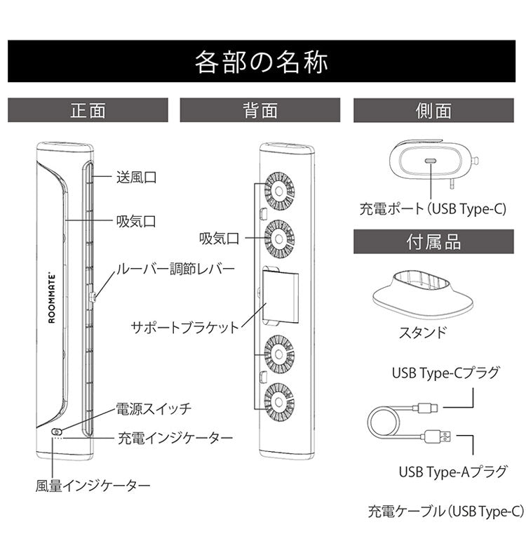 2style モニター&スリムファン Type-C充電式 3段階風量調節 6時間使用可能 30.5cm広域送風 多機能搭載 選べる2way 卓上 モニター掛け RM-245H ROOMMATE