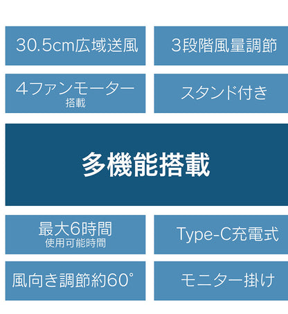 2style モニター&スリムファン Type-C充電式 3段階風量調節 6時間使用可能 30.5cm広域送風 多機能搭載 選べる2way 卓上 モニター掛け RM-245H ROOMMATE