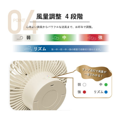 マルチスイングファン SLI-MSF4000 4段階風量調節 コンパクト 小型 USB コードレス キャンプ 大容量バッテリー搭載 卓上 吊り下げ スタンド 壁掛け 左右首振り 上下角度調整 充電式扇風機 静音