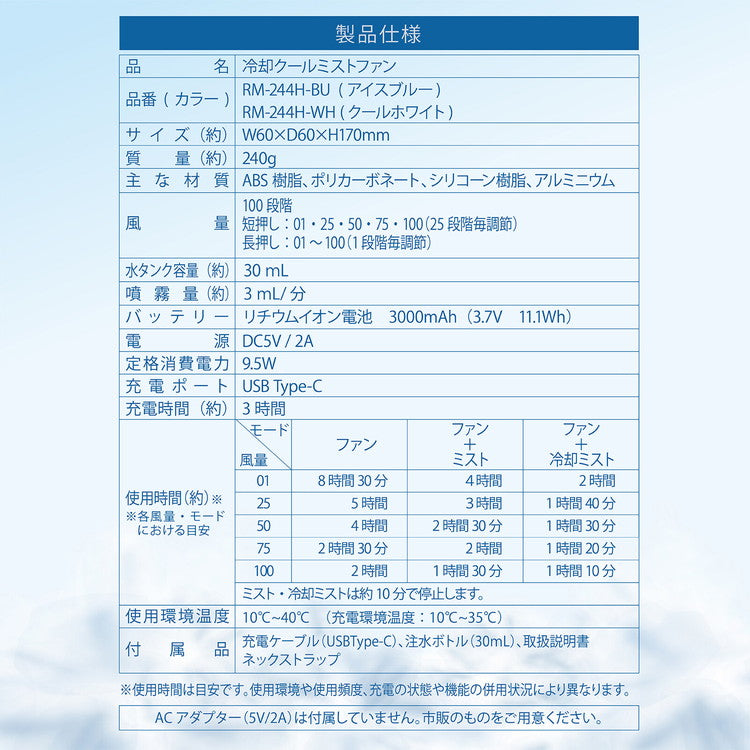 ハンディーファン ミストファン USB充電 冷却クールミストファン 瞬間冷却 パワフル送風 -10℃ 扇風機 小型 冷風機 RM-244H-BU RM-244H-WH ROOMMATE