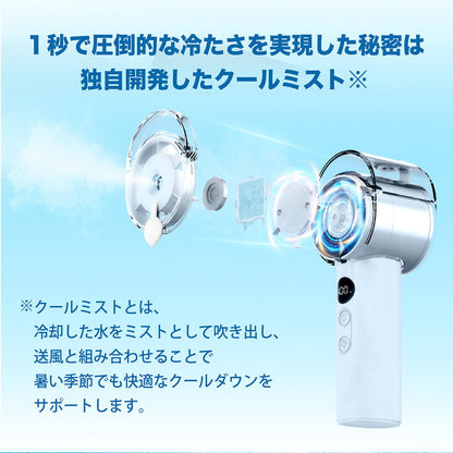 ハンディーファン ミストファン USB充電 冷却クールミストファン 瞬間冷却 パワフル送風 -10℃ 扇風機 小型 冷風機 RM-244H-BU RM-244H-WH ROOMMATE