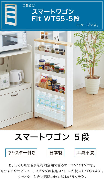 【すきま収納】 幅12.5cm スマートワゴン サニタリー 5段 Fit WT55 F2543 木天板 かんたん組立式 コロ付き 隙間に収まる 不動技研 キャスター付き リビング 壁面収納 ランドリー アイデア収納 日本製