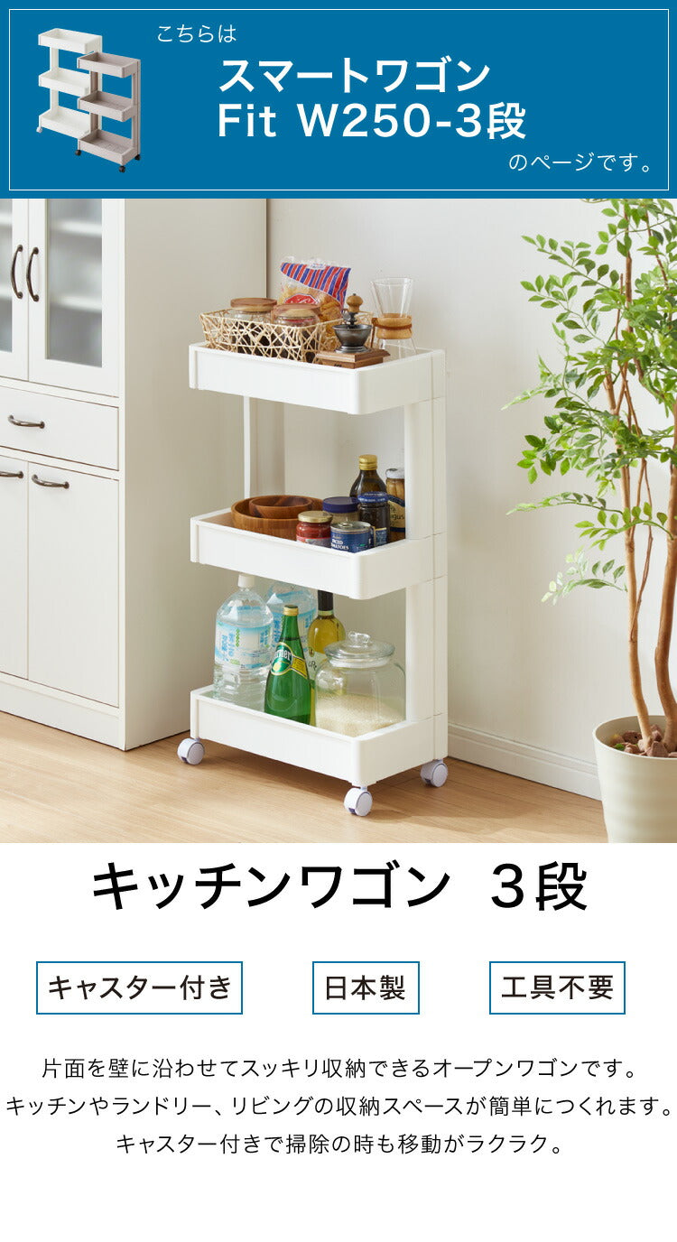 キッチンワゴン キャスター付き 3段 スマート ワゴン Fit W2502色 組立式 隙間収納 日本製 すき間 収納ストッカー キッチン 食品 ストック 食料ストック 不動技研