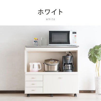 日本製 キッチンカウンター ステンレス天板 完成品 幅90 間仕切りキャスター付き スライド棚 コンセント付き 食器棚 一人暮らし 国産 キッチンボード おしゃれ(代引不可)