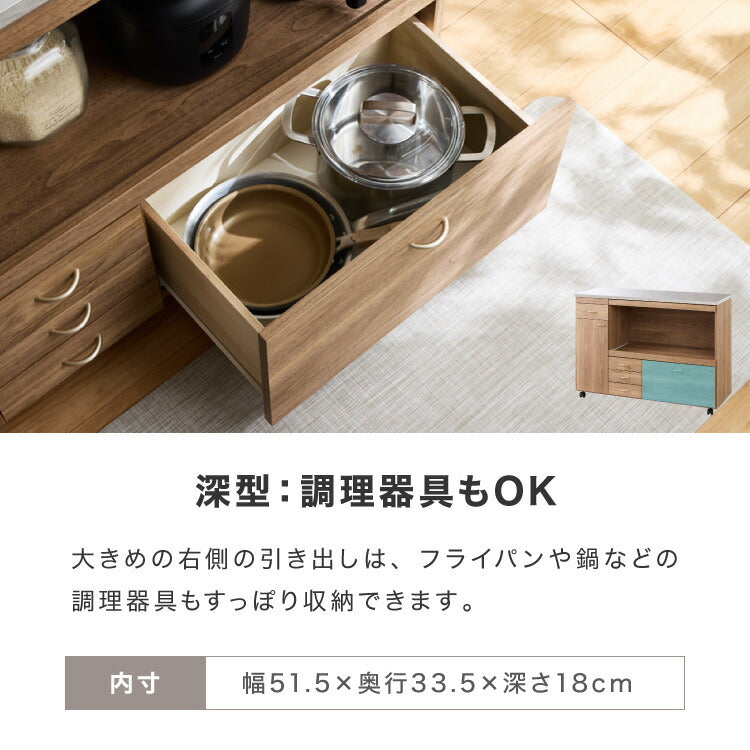 日本製 キッチンカウンター ステンレス天板 完成品 幅120 間仕切りキャスター付き スライド棚 コンセント付き 食器棚 一人暮らし 国産 キッチンボード おしゃれ (代引不可)