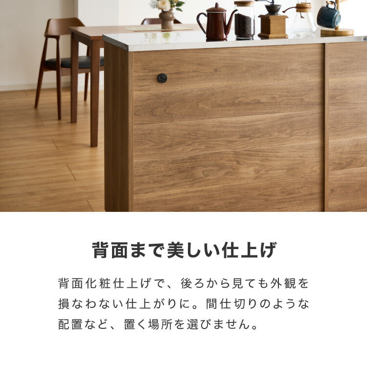日本製 キッチンカウンター ステンレス天板 完成品 幅120 間仕切りキャスター付き スライド棚 コンセント付き 食器棚 一人暮らし 国産 キッチンボード おしゃれ (代引不可)