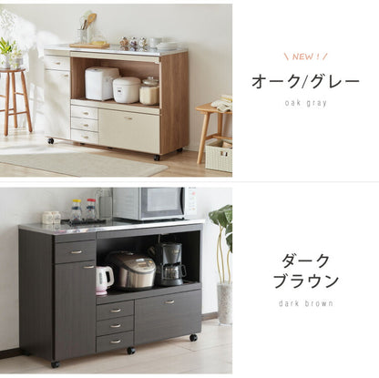 日本製 キッチンカウンター ステンレス天板 完成品 幅120 間仕切りキャスター付き スライド棚 コンセント付き 食器棚 一人暮らし 国産 キッチンボード おしゃれ (代引不可)