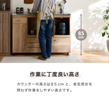 日本製 キッチンカウンター ステンレス天板 完成品 幅120 間仕切りキャスター付き スライド棚 コンセント付き 食器棚 一人暮らし 国産 キッチンボード おしゃれ (代引不可)