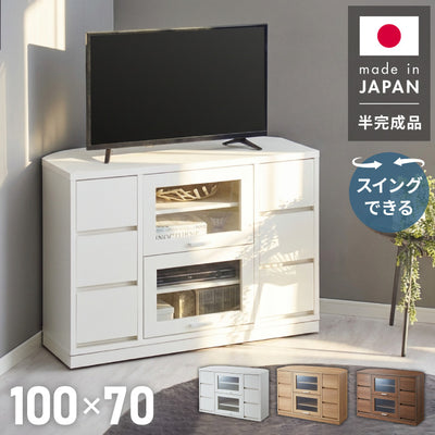 ガラス扉 左右にスウィングできるコーナーテレビ台 ハイタイプ 100cm 50インチ対応 日本製 完成品 テレビ台 テレビボード コーナー 大型テレビ コーナーテレビ台 隠しキャスター