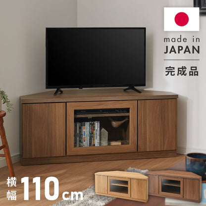 北欧 コーナーテレビ台 幅110cm 高さ45cm 日本製 完成品 隠しキャスター 耐荷重 30kg フラップ扉 リビング収納 テレビ台 DVD収納 コード収納 引き出し モダン ベッドサイド ガラス ルーター収納(代引不可)