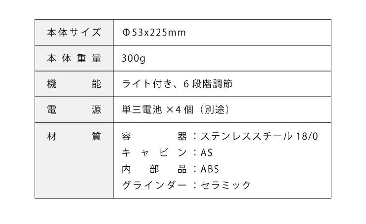 電動ミル 手元ライト付き マルチミル ペッパーミル ソルトミル 岩塩 胡椒 セラミック刃 乾電池タイプ LED 6段階調節 おしゃれ