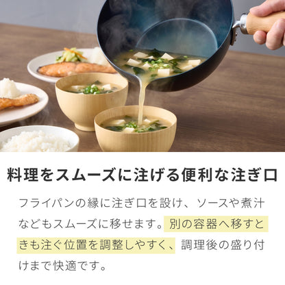 【藤田金属×リコメン堂】 鉄フライパン 20cm 深型 注ぎ口付き IH対応 日本製 PFOAフリー フッ素不使用 フライパン ガス火 軽い 油ならし シーズニング不要 鉄分補給 木柄 ブナ 白木 握りやすい