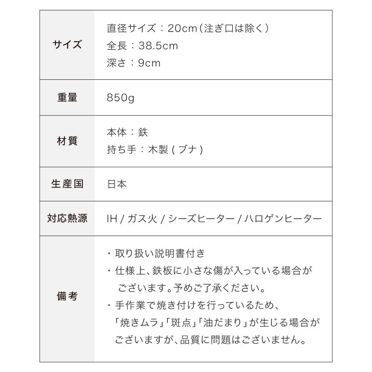 【藤田金属×リコメン堂】 鉄フライパン 20cm 深型 注ぎ口付き IH対応 日本製 PFOAフリー フッ素不使用 フライパン ガス火 軽い 油ならし シーズニング不要 鉄分補給 木柄 ブナ 白木 握りやすい
