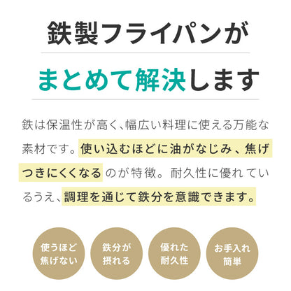 【藤田金属×リコメン堂】 鉄フライパン 28cm 深型 IH対応 日本製 PFOAフリー フッ素不使用 持ち手付き フライパン ガス火 軽い 油ならし シーズニング不要 鉄分補給 木柄 ブナ 白木 握りやすい