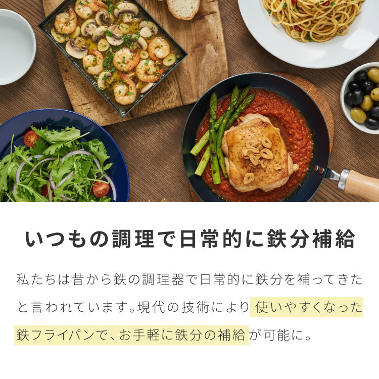 【藤田金属×リコメン堂】 鉄フライパン 28cm 深型 IH対応 日本製 PFOAフリー フッ素不使用 持ち手付き フライパン ガス火 軽い 油ならし シーズニング不要 鉄分補給 木柄 ブナ 白木 握りやすい