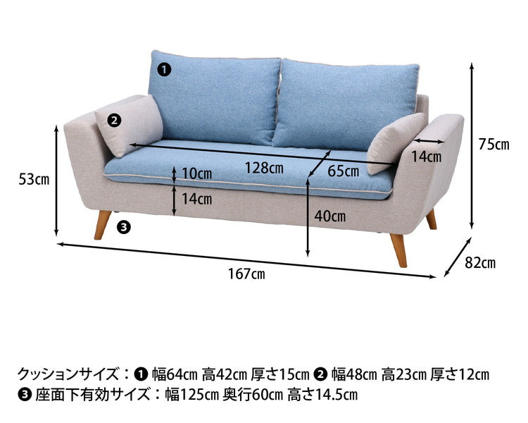 ソファ 2人掛け 2.5人掛け 幅167 ツートン おしゃれ 北欧 ファブリック カフェ ソファー sofa 二人掛け 2.5P ローソファ フロアソファ かわいい(代引不可)