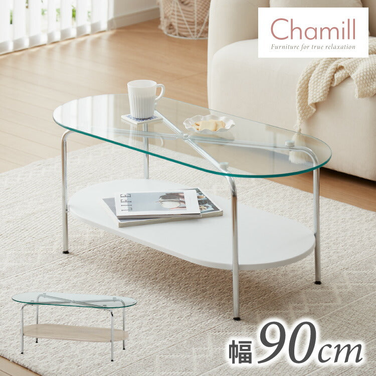 ガラスセンターテーブル 幅90cm ローテーブル 韓国風 韓国インテリア ホワイト 木目 一人暮らし ワンルーム おしゃれ かわいい Chamill