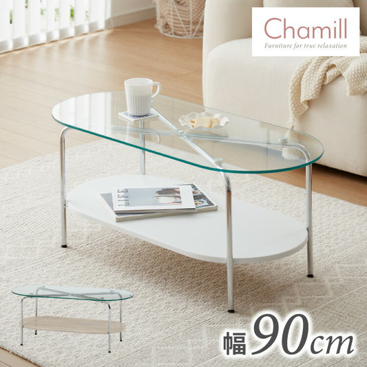 ガラスセンターテーブル 幅90cm ローテーブル 韓国風 韓国インテリア ホワイト 木目 一人暮らし ワンルーム おしゃれ かわいい Chamill