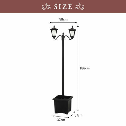 ソーラースタンドライト プランター付き 2灯 LEDライト ガーデンライト ソーラー充電 照明 外灯 門灯 防塵 防水 屋外 ガーデン 玄関 防犯 アンティーク ガス灯(代引不可)