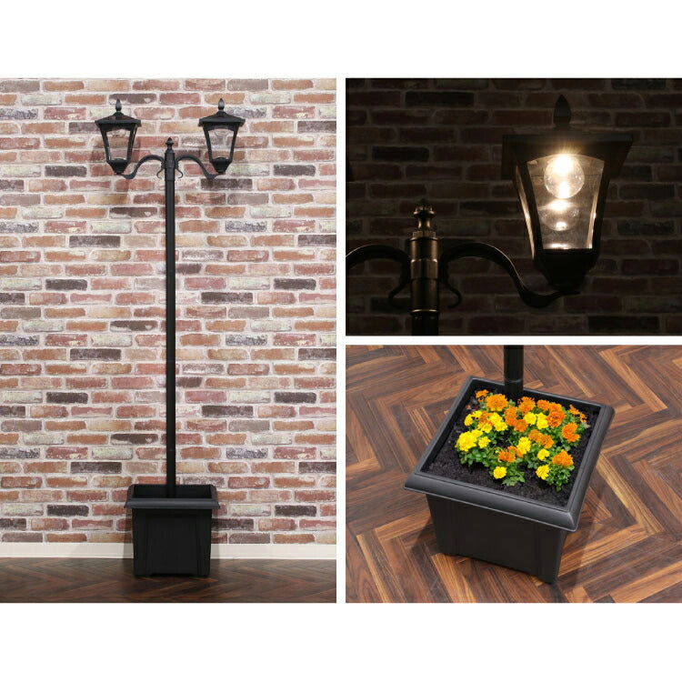 ソーラースタンドライト プランター付き 2灯 LEDライト ガーデンライト ソーラー充電 照明 外灯 門灯 防塵 防水 屋外 ガーデン 玄関 防犯 アンティーク ガス灯(代引不可)