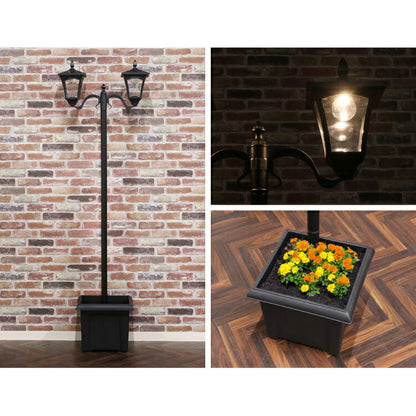 ソーラースタンドライト プランター付き 2灯 LEDライト ガーデンライト ソーラー充電 照明 外灯 門灯 防塵 防水 屋外 ガーデン 玄関 防犯 アンティーク ガス灯(代引不可)