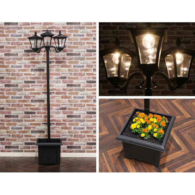 ソーラースタンドライト プランター付き 3灯 LEDライト ガーデンライト ソーラー充電 照明 外灯 門灯 防塵 防水 屋外 ガーデン 玄関 防犯 アンティーク ガス灯(代引不可)