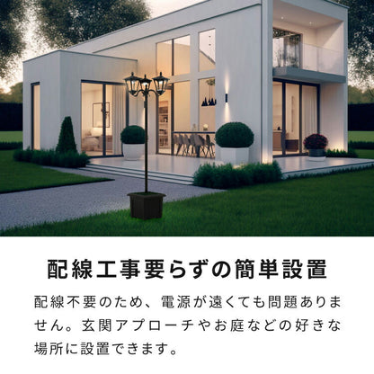 ソーラースタンドライト プランター付き 3灯 LEDライト ガーデンライト ソーラー充電 照明 外灯 門灯 防塵 防水 屋外 ガーデン 玄関 防犯 アンティーク ガス灯(代引不可)