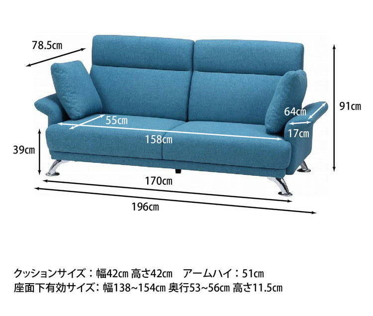 ソファ ハイバックソファ 3人掛け 幅196 ターコイズブルー おしゃれ 北欧 ファブリック カフェ ソファー sofa 三人掛け 3P ローソファ フロアソファ かわいい(代引不可)