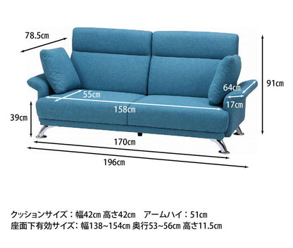 ソファ ハイバックソファ 3人掛け 幅196 ターコイズブルー おしゃれ 北欧 ファブリック カフェ ソファー sofa 三人掛け 3P ローソファ フロアソファ かわいい(代引不可)