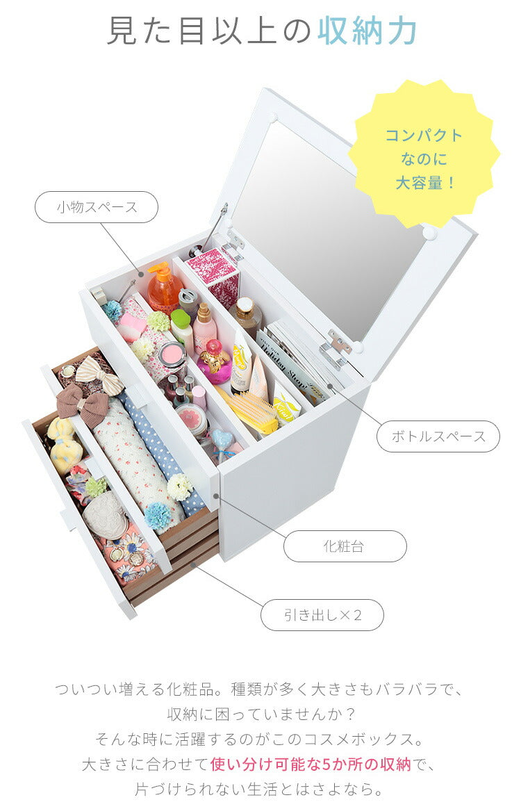 コスメボックス 鏡付き 幅45cm 奥行31cm 高さ53cm ミラー メイクボックス キャスター ホワイト 組み立て品 ドレッサー 収納 フィーゴ FIGO