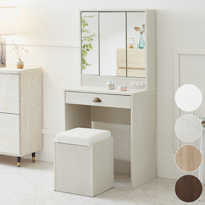 ドレッサー 三面鏡 椅子付 セット 三面鏡タイプ 白 コンセント付き スツール付き おしゃれ 可愛い かわいい ホワイト フレンチ 北欧 3面 化粧台 鏡 ミラー 花台 収納コスメワゴン 机 インテリア コスメワゴン 収納 メイク台  代引不可