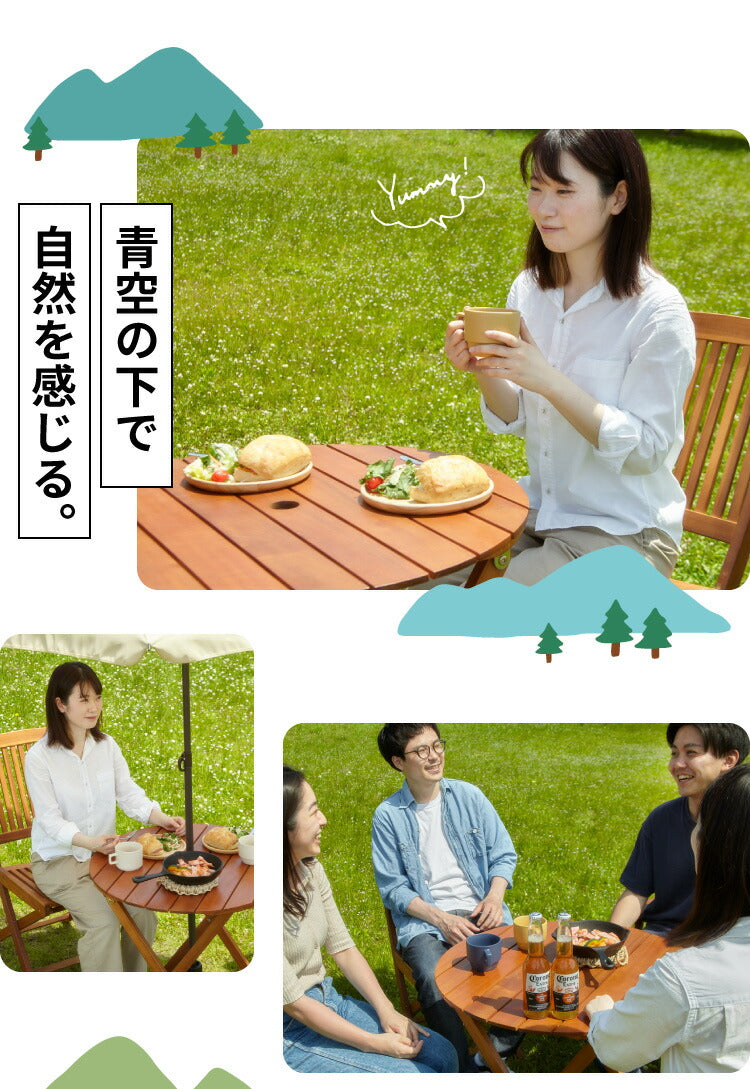 ガーデン テーブル セット 3点セット ラウンドテーブル 折りたたみ ガーデンチェア アカシア 木製 ガーデンファニチャー 雨ざらし おしゃれ ガーデニング テラス アウトドア バルコニー(代引不可)