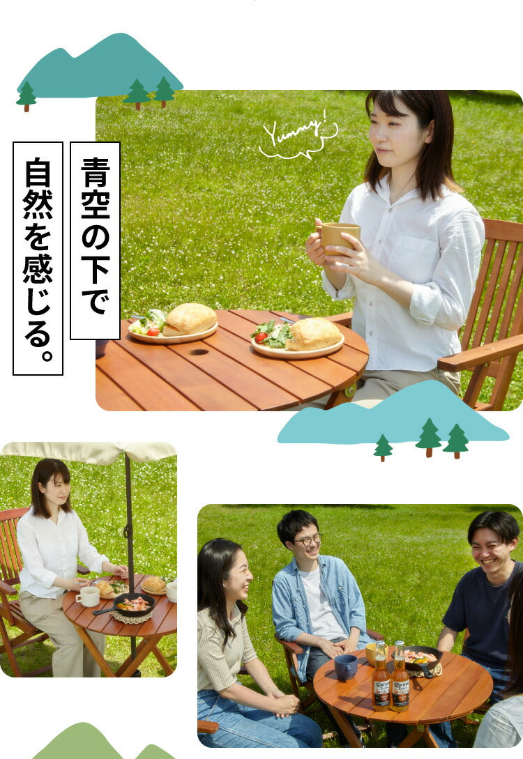 ガーデン テーブル セット 3点セット ラウンドテーブル 折りたたみ 肘付き ガーデンチェア アカシア 木製 ガーデンファニチャー 雨ざらし おしゃれ ガーデニング テラス アウトドア バルコニー(代引不可)