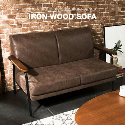 アイアンウッドソファ 合皮タイプ 2人掛け 木肘 PVC レザー インダストリアル アイアン 木製 ソファ ソファー シンプル 二人掛け