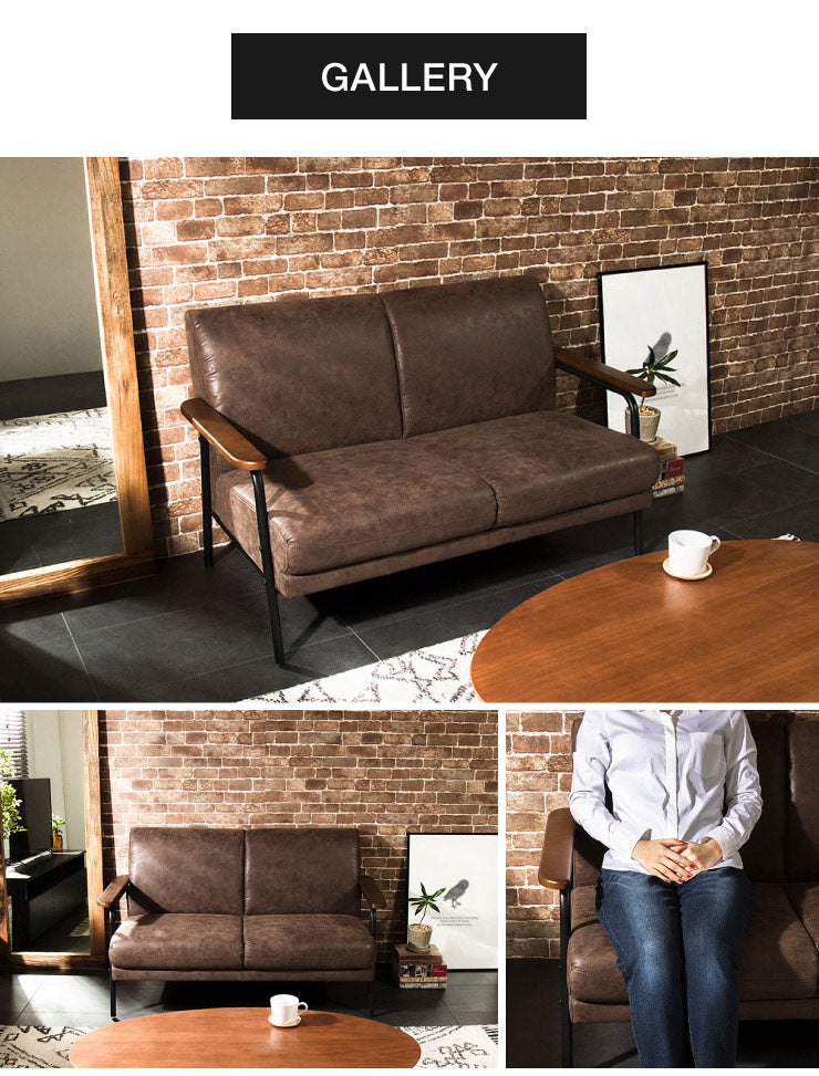 アイアンウッドソファ 合皮タイプ 2人掛け 木肘 PVC レザー インダストリアル アイアン 木製 ソファ ソファー シンプル 二人掛け