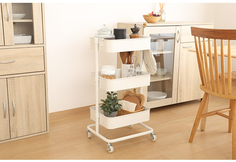 ワゴン 高さ調節可能 3段 収納ワゴン 組立簡単 ねじ不要 キャスター付き 収納ラック ナチュラル バスケット 可動式 トローリーワゴン(代引不可)