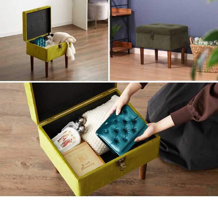 トランクスツール コーデュロイ 幅40cm トランク型 収納スツール 収納ボックス オットマン ビロード ファブリック 腰掛 腰掛け かわいい おしゃれ お洒落 収納付き フタ付 蓋付 玄関 リビング