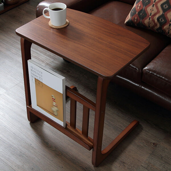 天然木ウォルナット 突き板 マガジンラック付サイドテーブル【Norn】ノルン