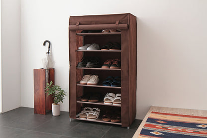 シューズラック 6段 スリム 幅60cm 省スペース 最大18足 不織布カバー付 撥水 可動棚 軽量 薄型 組立簡単 工具不要 シンプル ブラウン ロールアップ式カバー シューズボックス 下駄箱 靴入れ 玄関収納