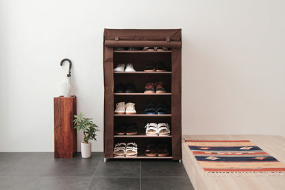 シューズラック 6段 スリム 幅60cm 省スペース 最大18足 不織布カバー付 撥水 可動棚 軽量 薄型 組立簡単 工具不要 シンプル ブラウン ロールアップ式カバー シューズボックス 下駄箱 靴入れ 玄関収納