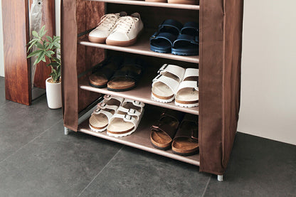 シューズラック 6段 スリム 幅60cm 省スペース 最大18足 不織布カバー付 撥水 可動棚 軽量 薄型 組立簡単 工具不要 シンプル ブラウン ロールアップ式カバー シューズボックス 下駄箱 靴入れ 玄関収納