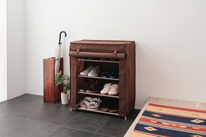 シューズラック 4段 スリム 幅60cm 省スペース 最大12足 不織布カバー付 撥水 軽量 可動棚 薄型 組立簡単 工具不要 シンプル ブラウン ロールアップ式カバー シューズボックス 下駄箱 靴入れ 玄関収納