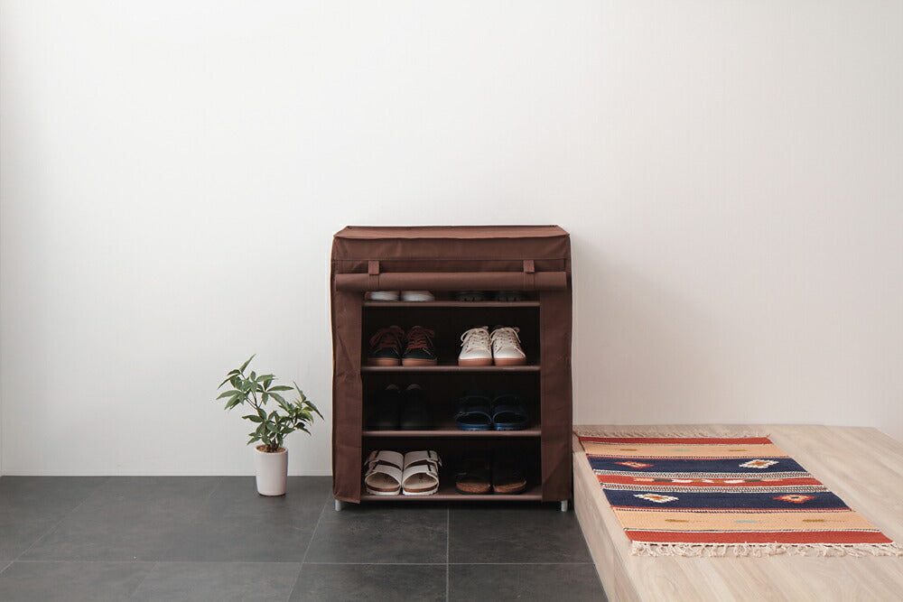 シューズラック 4段 スリム 幅60cm 省スペース 最大12足 不織布カバー付 撥水 軽量 可動棚 薄型 組立簡単 工具不要 シンプル ブラウン ロールアップ式カバー シューズボックス 下駄箱 靴入れ 玄関収納