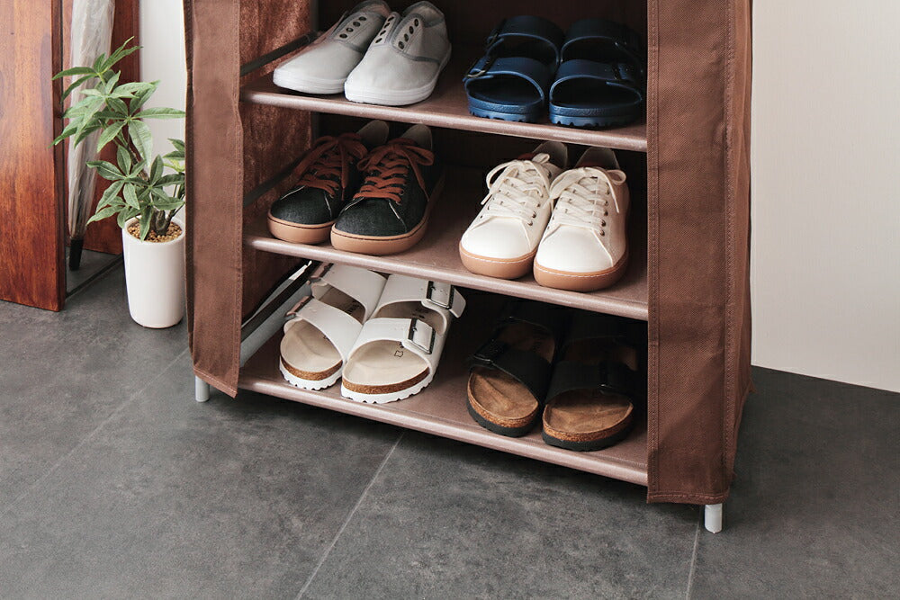 シューズラック 4段 スリム 幅60cm 省スペース 最大12足 不織布カバー付 撥水 軽量 可動棚 薄型 組立簡単 工具不要 シンプル ブラウン ロールアップ式カバー シューズボックス 下駄箱 靴入れ 玄関収納