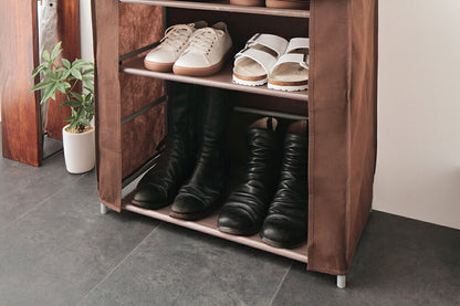 シューズラック 4段 スリム 幅60cm 省スペース 最大12足 不織布カバー付 撥水 軽量 可動棚 薄型 組立簡単 工具不要 シンプル ブラウン ロールアップ式カバー シューズボックス 下駄箱 靴入れ 玄関収納