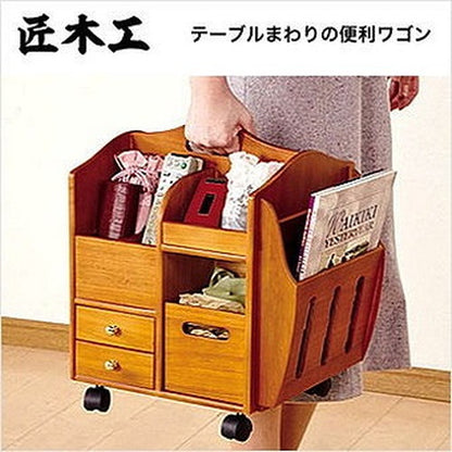 匠木工 ワゴン 木製ワゴン テーブルまわりの便利ワゴン キャスター付き 天然木 木製 リモコン 眼鏡 収納 小物収納(代引不可)
