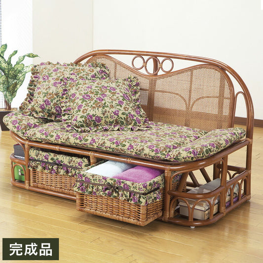 東京ラタン 天然籐ハイバックカウチソファ 幅120 クッション付き 引出し収納付き ラタン カウチソファー 収納ソファ ごろ寝ソファ(代引不可)